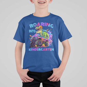 Roaring Into Kindergarten T Shirt For Kid Funny Dinosaur Monster Truck Back To School TS09 Royal Blue Print Your Wear