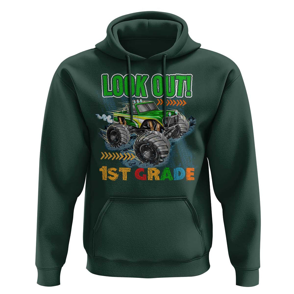 Look Out 1st Grade Monster Truck Hoodie TS09 Dark Forest Green Print Your Wear