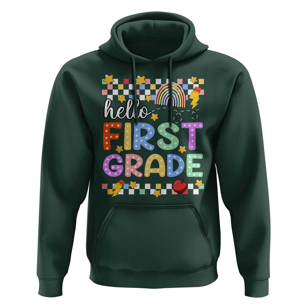 Hello First Grade Groovy Back To School Hoodie TS09 Dark Forest Green Print Your Wear