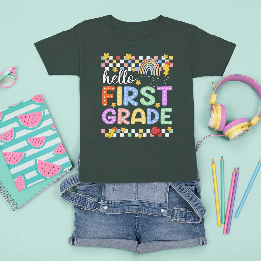 Hello First Grade Groovy Back To School T Shirt For Kid TS09 Dark Forest Green Print Your Wear