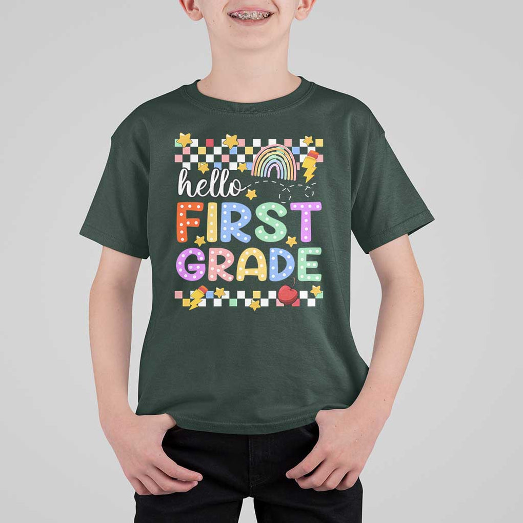 Hello First Grade Groovy Back To School T Shirt For Kid TS09 Dark Forest Green Print Your Wear