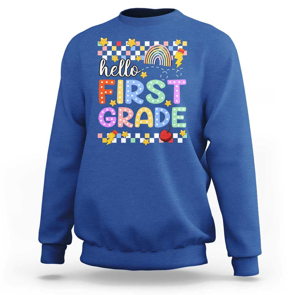 Hello First Grade Groovy Back To School Sweatshirt TS09 Royal Blue Print Your Wear