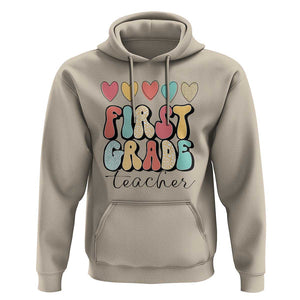 First Grade Teacher Leopard Heart Retro Groovy Hoodie TS09 Sand Print Your Wear