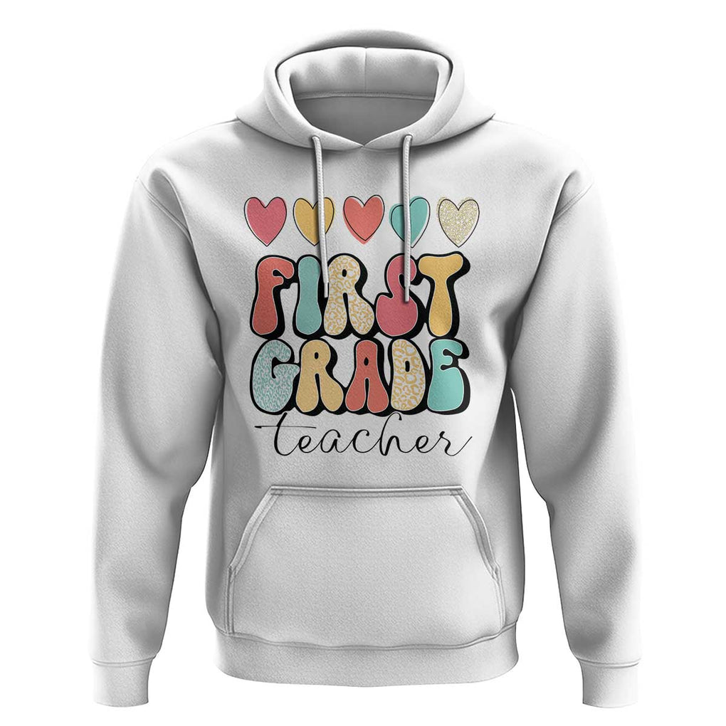First Grade Teacher Leopard Heart Retro Groovy Hoodie TS09 White Print Your Wear
