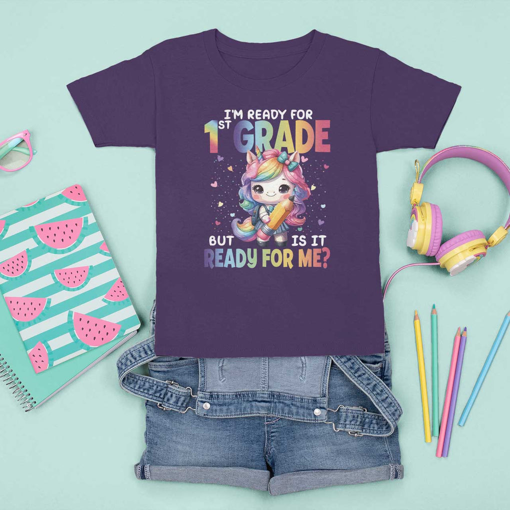Funny Back To School Unicorn T Shirt For Kid I'm Ready For 1st Grade But Is It Ready For Me TS09 Purple Print Your Wear