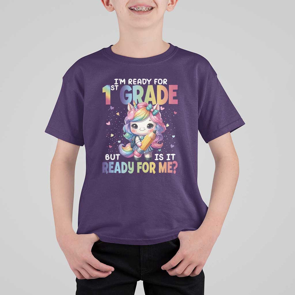Funny Back To School Unicorn T Shirt For Kid I'm Ready For 1st Grade But Is It Ready For Me TS09 Purple Print Your Wear