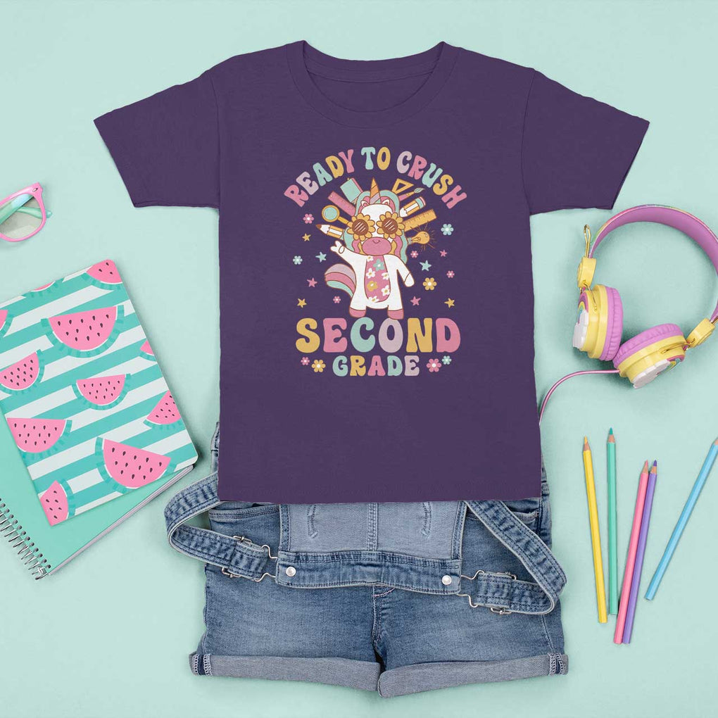 Funny Back To School Unicorn T Shirt For Kid Ready To Crush Second Grade Retro Groovy TS09 Purple Print Your Wear