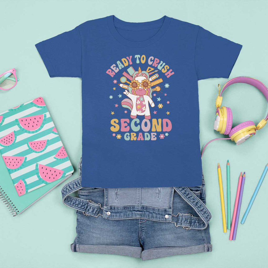 Funny Back To School Unicorn T Shirt For Kid Ready To Crush Second Grade Retro Groovy TS09 Royal Blue Print Your Wear