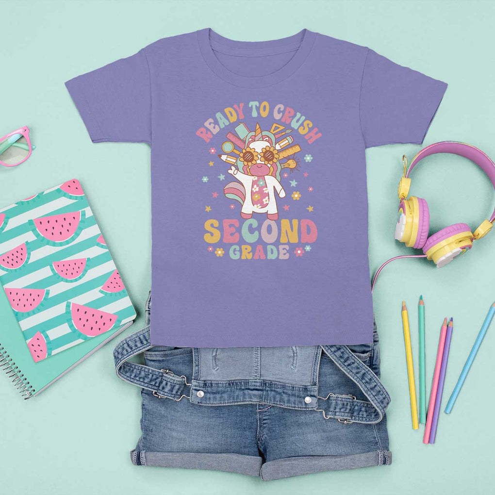 Funny Back To School Unicorn T Shirt For Kid Ready To Crush Second Grade Retro Groovy TS09 Violet Print Your Wear