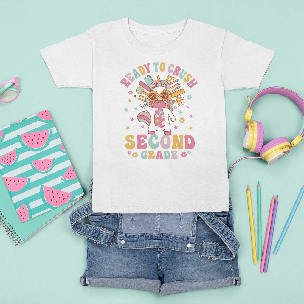 Funny Back To School Unicorn T Shirt For Kid Ready To Crush Second Grade Retro Groovy TS09 White Print Your Wear