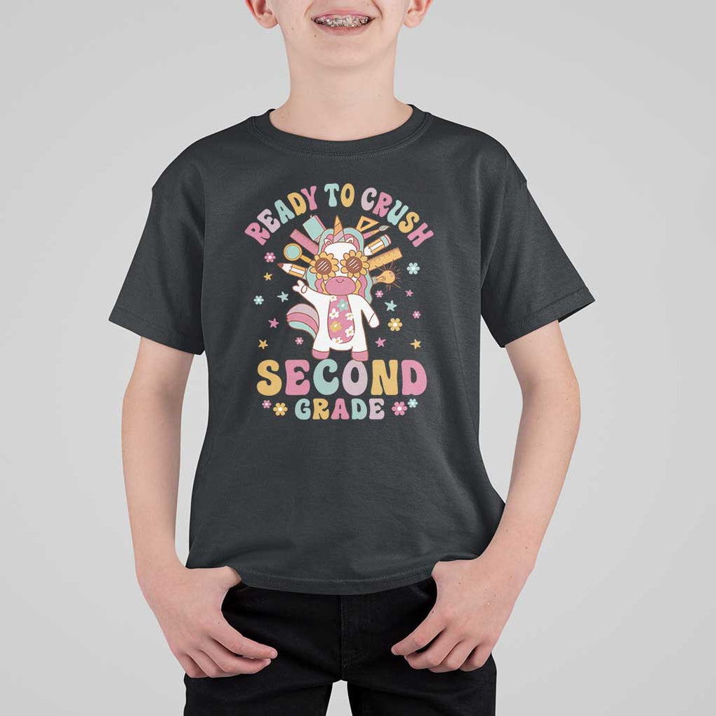 Funny Back To School Unicorn T Shirt For Kid Ready To Crush Second Grade Retro Groovy TS09 Black Print Your Wear