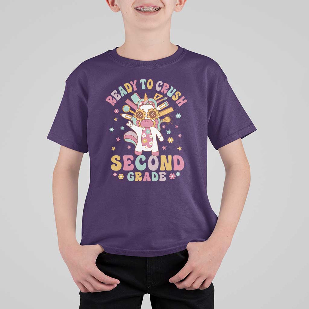 Funny Back To School Unicorn T Shirt For Kid Ready To Crush Second Grade Retro Groovy TS09 Purple Print Your Wear