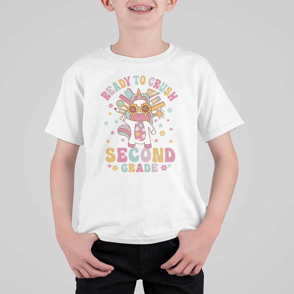Funny Back To School Unicorn T Shirt For Kid Ready To Crush Second Grade Retro Groovy TS09 White Print Your Wear