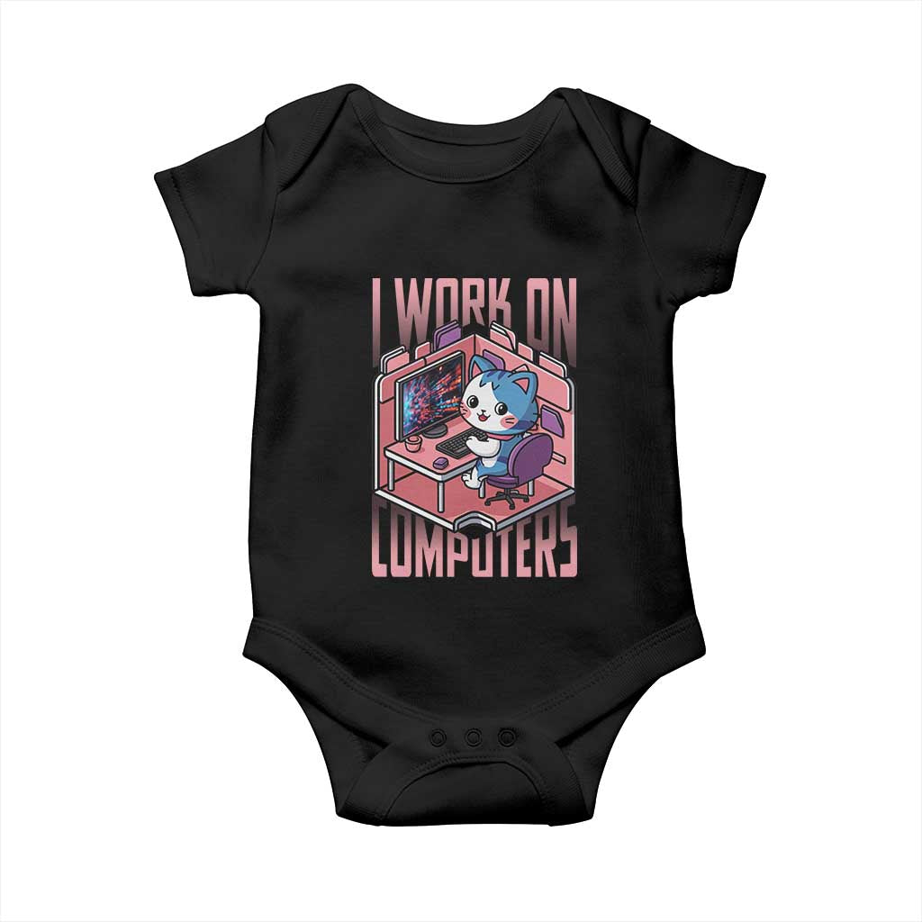 Funny Programmer Baby Onesie I Work On Computers Japan Anime Cat TS09 Black Print Your Wear