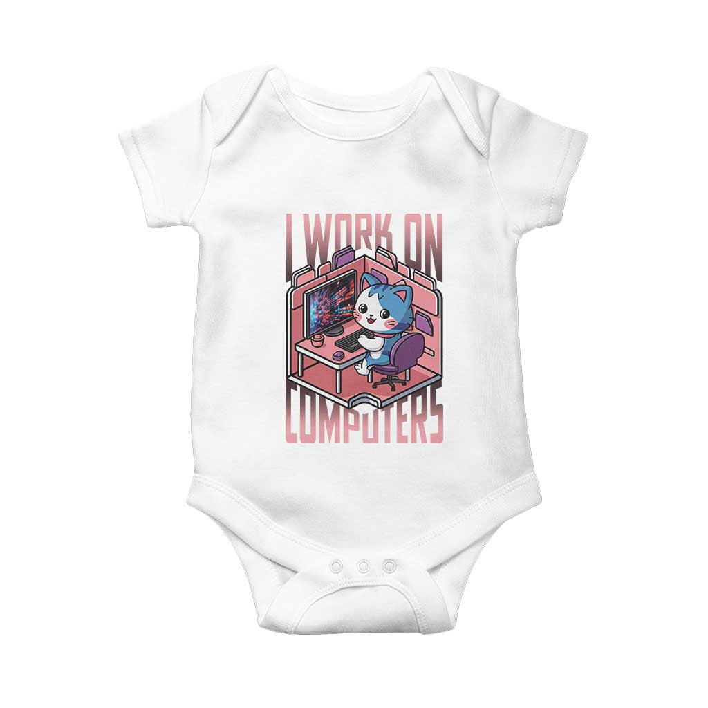 Funny Programmer Baby Onesie I Work On Computers Japan Anime Cat TS09 White Print Your Wear