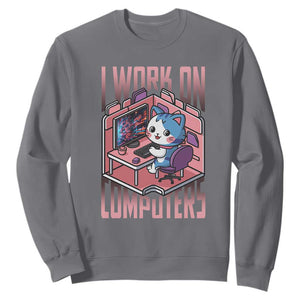 Funny Programmer Sweatshirt I Work On Computers Japan Anime Cat TS09 Charcoal Print Your Wear