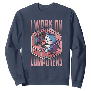 Funny Programmer Sweatshirt I Work On Computers Japan Anime Cat TS09 Navy Print Your Wear
