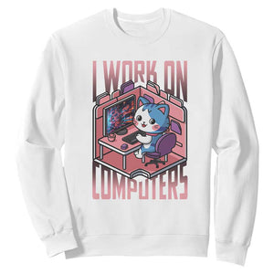Funny Programmer Sweatshirt I Work On Computers Japan Anime Cat TS09 White Print Your Wear