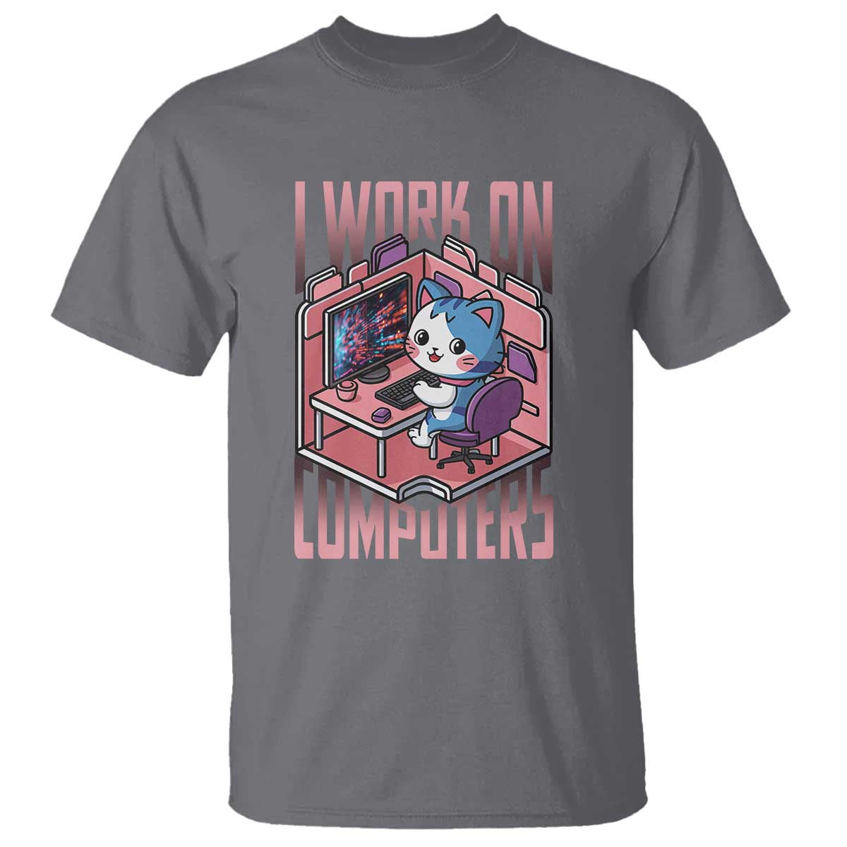Funny Programmer T Shirt I Work On Computers Japan Anime Cat TS09 Charcoal Print Your Wear