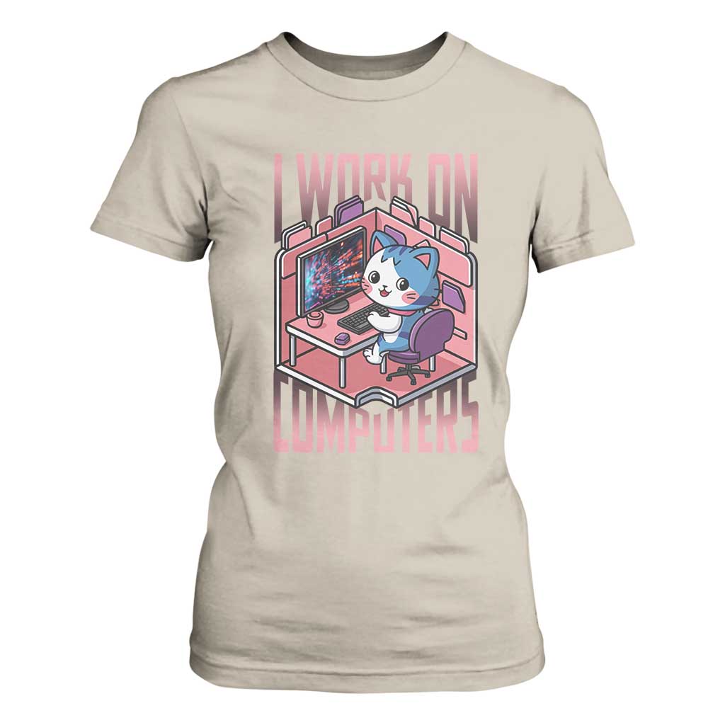 Funny Programmer T Shirt For Women I Work On Computers Japan Anime Cat TS09 Sand Print Your Wear
