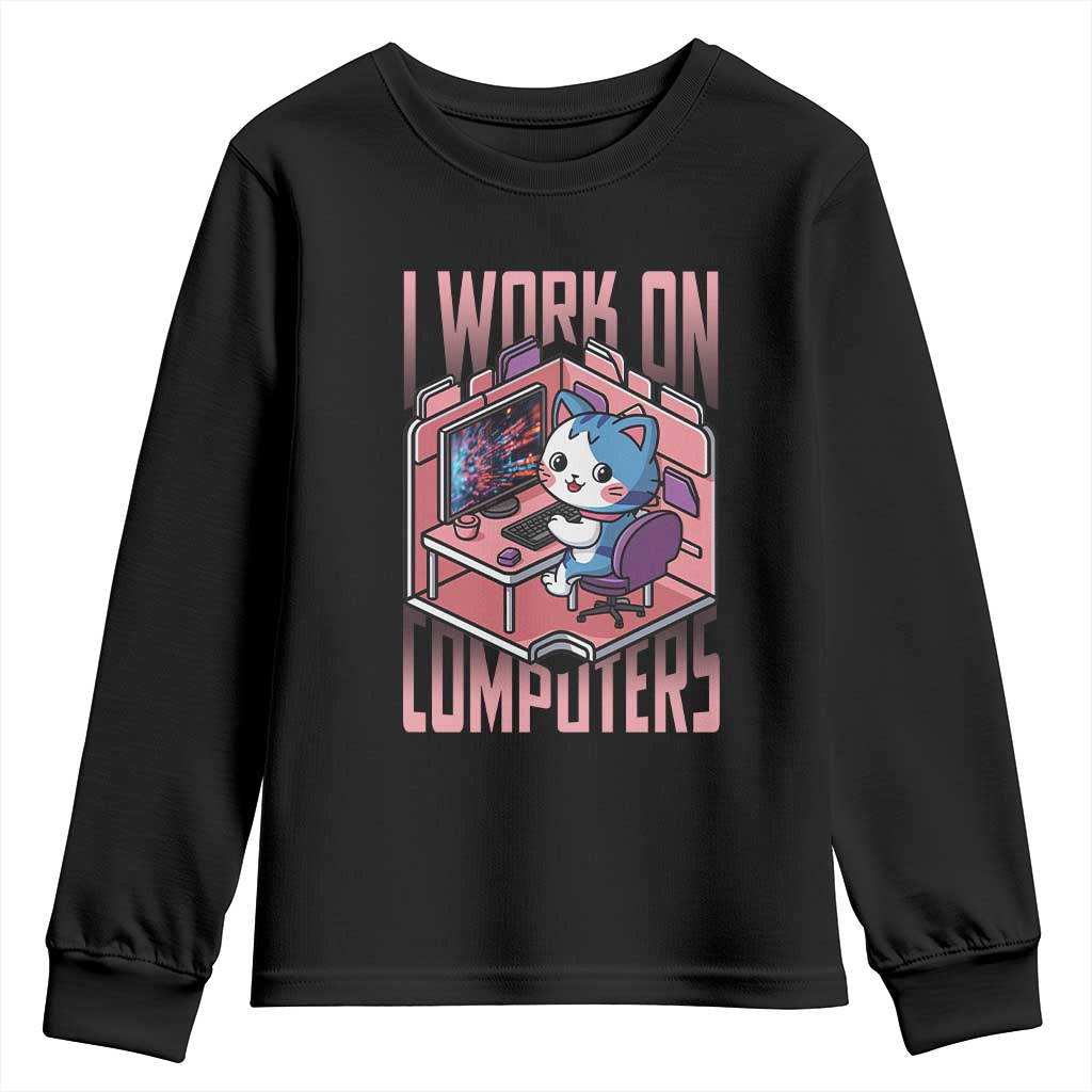 Funny Programmer Youth Sweatshirt I Work On Computers Japan Anime Cat TS09 Black Print Your Wear