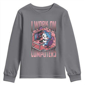 Funny Programmer Youth Sweatshirt I Work On Computers Japan Anime Cat TS09 Charcoal Print Your Wear