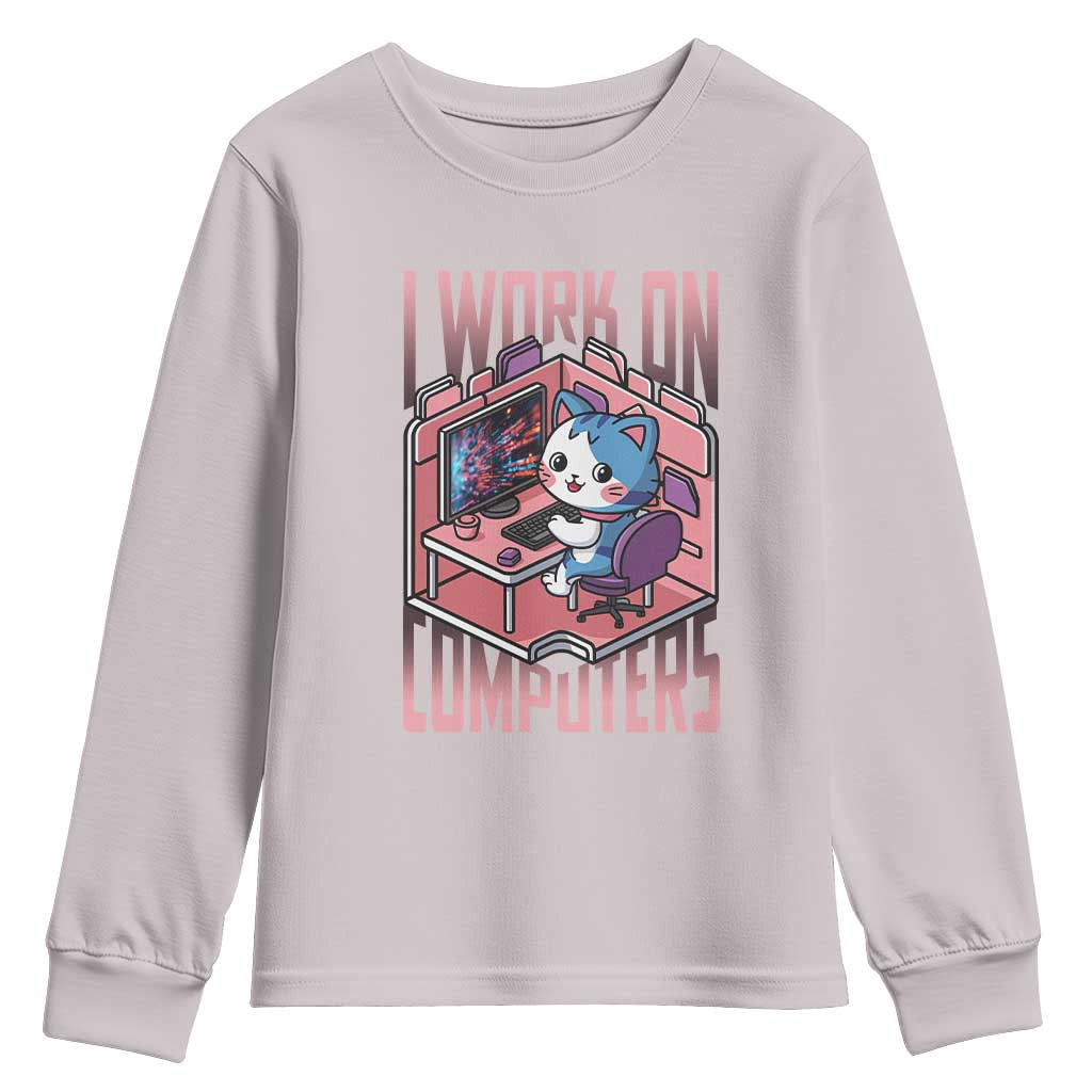 Funny Programmer Youth Sweatshirt I Work On Computers Japan Anime Cat TS09 Ice Gray Print Your Wear