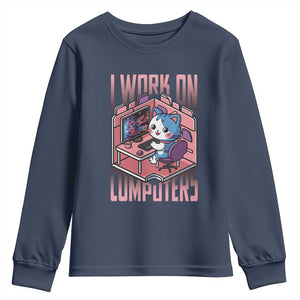 Funny Programmer Youth Sweatshirt I Work On Computers Japan Anime Cat TS09 Navy Print Your Wear