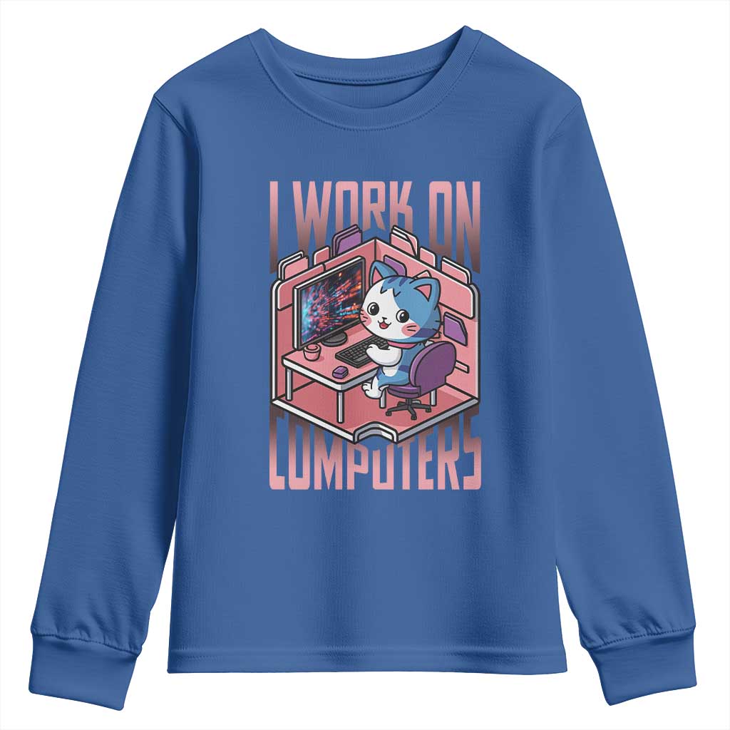 Funny Programmer Youth Sweatshirt I Work On Computers Japan Anime Cat TS09 Royal Blue Print Your Wear