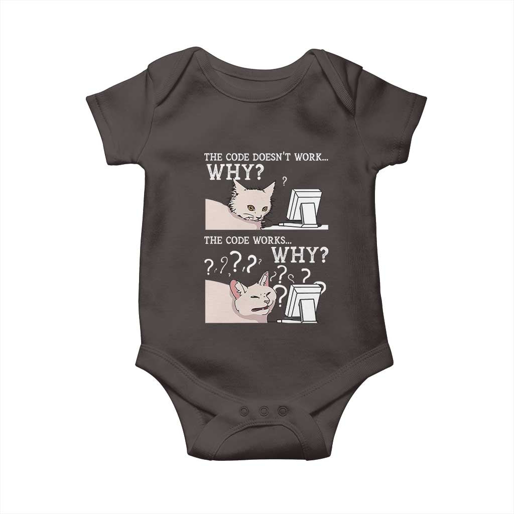 Funny Coder Baby Onesie The Code Doesn't Work Why Cat Meme TS09 Dark Chocolate Print Your Wear