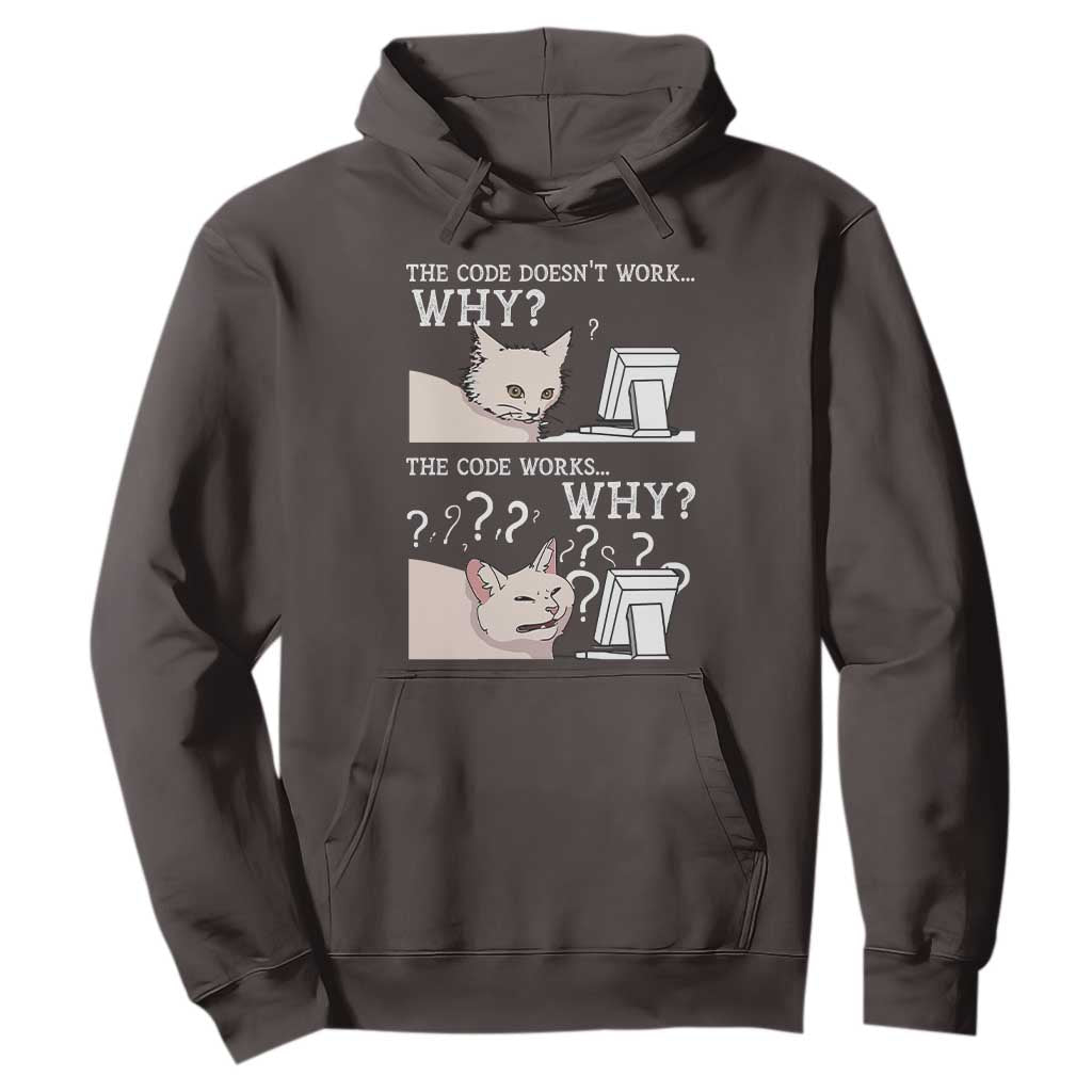 Funny Coder Hoodie The Code Doesn't Work Why Cat Meme TS09 Dark Chocolate Print Your Wear