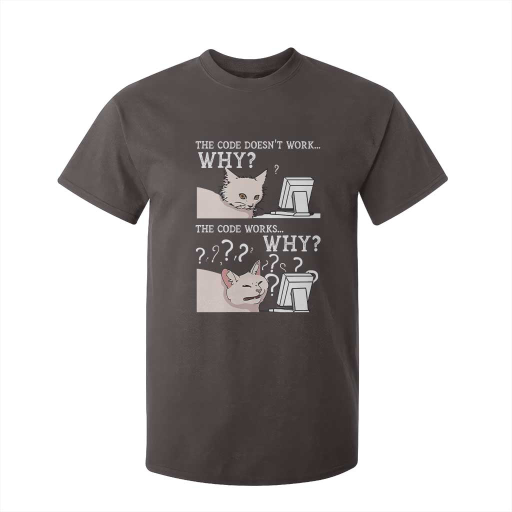 Funny Coder T Shirt For Kid The Code Doesn't Work Why Cat Meme TS09 Dark Chocolate Print Your Wear