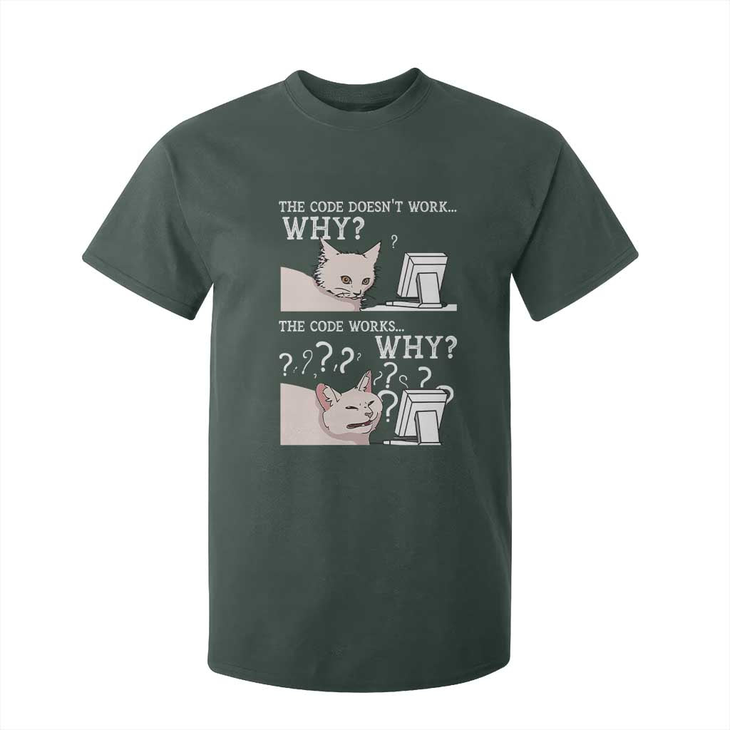 Funny Coder T Shirt For Kid The Code Doesn't Work Why Cat Meme TS09 Dark Forest Green Print Your Wear