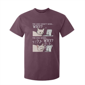 Funny Coder T Shirt For Kid The Code Doesn't Work Why Cat Meme TS09 Maroon Print Your Wear