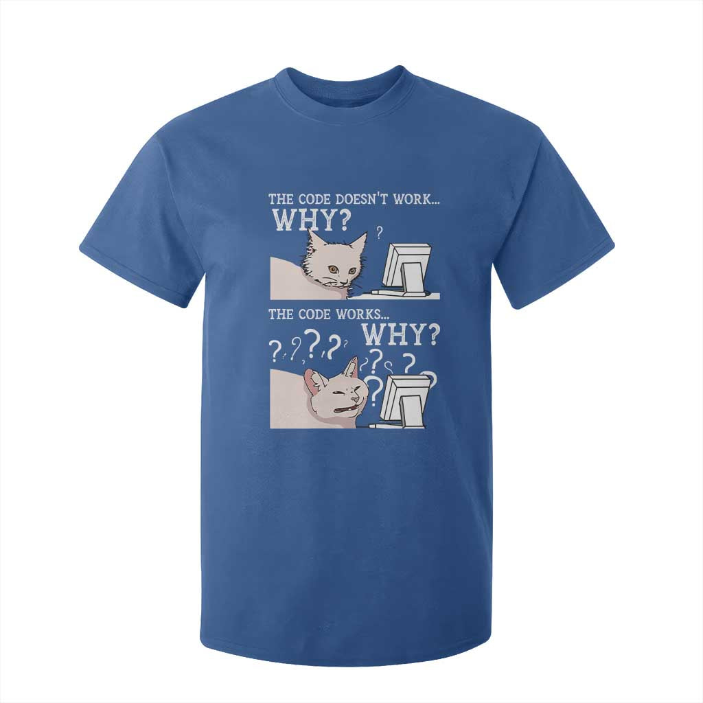 Funny Coder T Shirt For Kid The Code Doesn't Work Why Cat Meme TS09 Royal Blue Print Your Wear