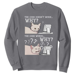 Funny Coder Sweatshirt The Code Doesn't Work Why Cat Meme TS09 Charcoal Print Your Wear