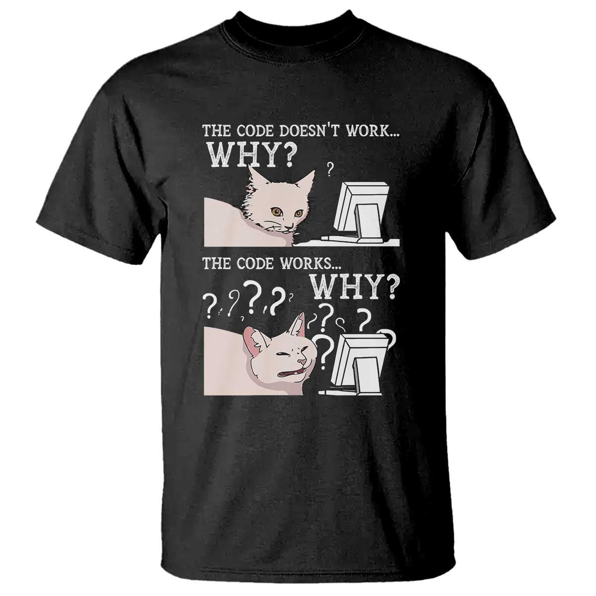 Funny Coder T Shirt The Code Doesn't Work Why Cat Meme TS09 Black Print Your Wear
