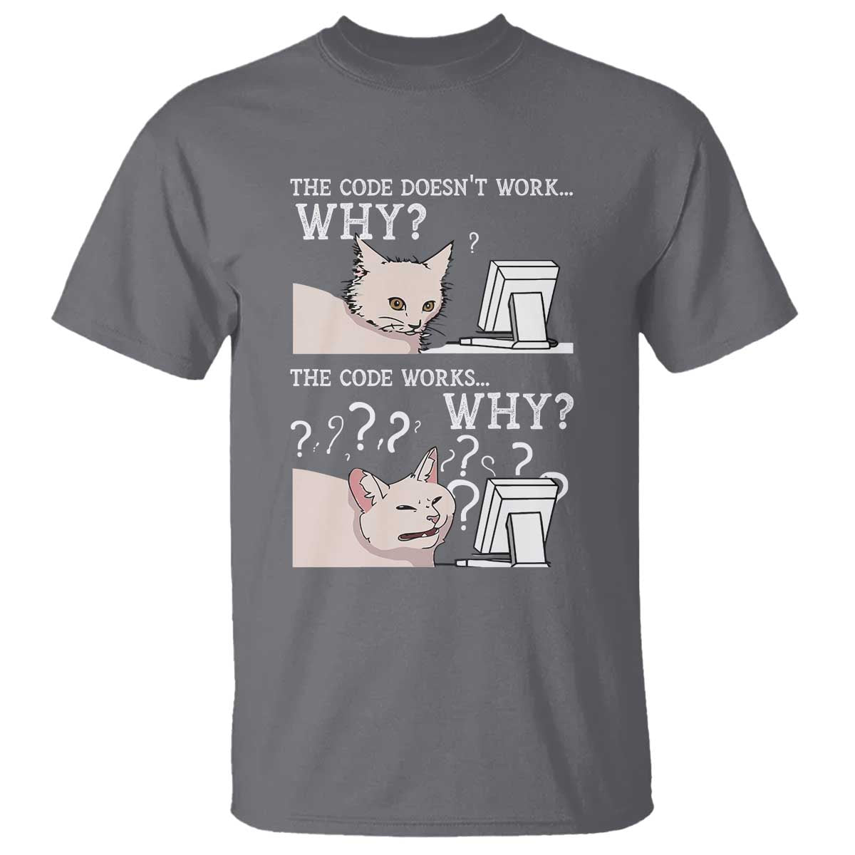 Funny Coder T Shirt The Code Doesn't Work Why Cat Meme TS09 Charcoal Print Your Wear