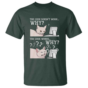 Funny Coder T Shirt The Code Doesn't Work Why Cat Meme TS09 Dark Forest Green Print Your Wear