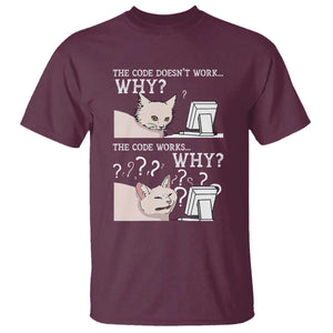 Funny Coder T Shirt The Code Doesn't Work Why Cat Meme TS09 Maroon Print Your Wear