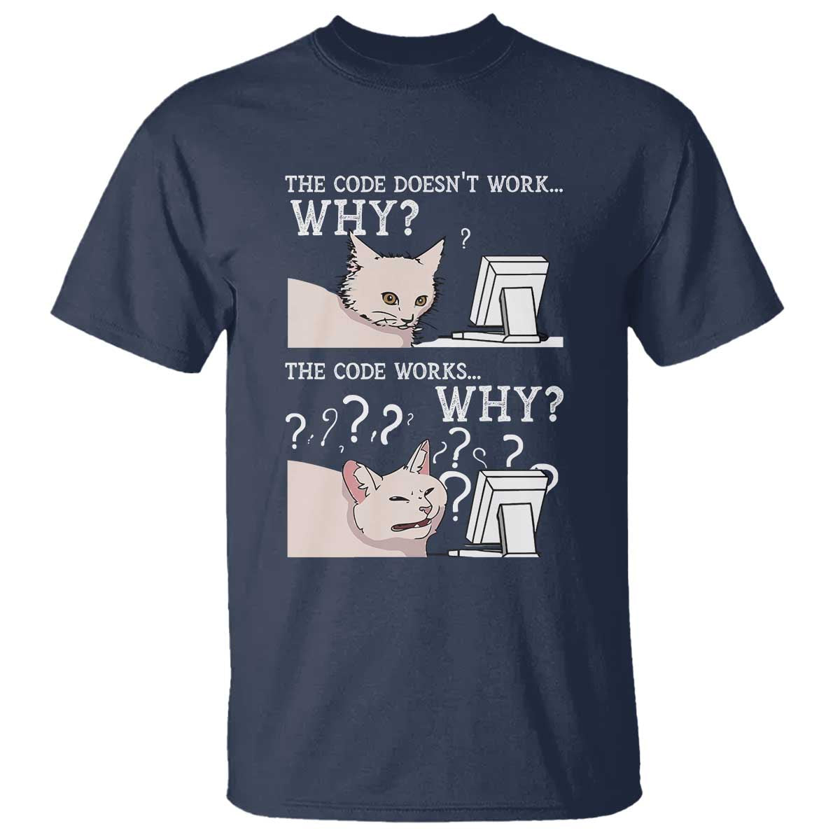 Funny Coder T Shirt The Code Doesn't Work Why Cat Meme TS09 Navy Print Your Wear
