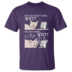 Funny Coder T Shirt The Code Doesn't Work Why Cat Meme TS09 Purple Print Your Wear