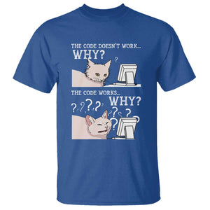Funny Coder T Shirt The Code Doesn't Work Why Cat Meme TS09 Royal Blue Print Your Wear