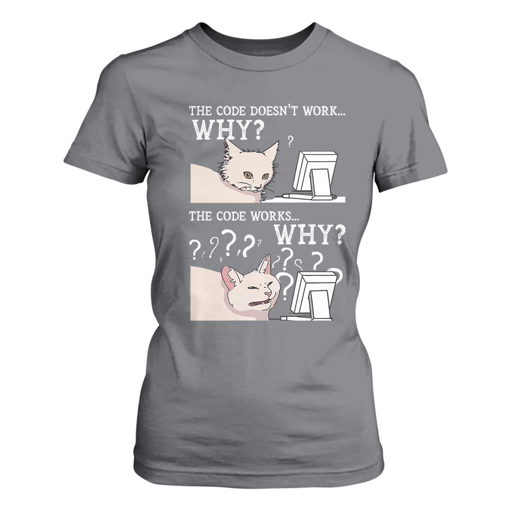 Funny Coder T Shirt For Women The Code Doesn't Work Why Cat Meme TS09 Charcoal Print Your Wear