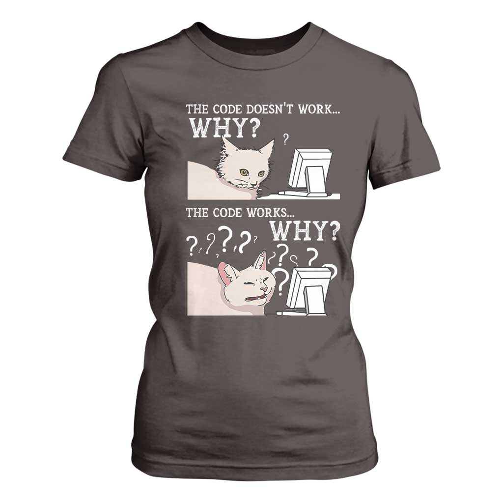 Funny Coder T Shirt For Women The Code Doesn't Work Why Cat Meme TS09 Dark Chocolate Print Your Wear