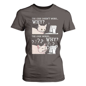 Funny Coder T Shirt For Women The Code Doesn't Work Why Cat Meme TS09 Dark Chocolate Print Your Wear