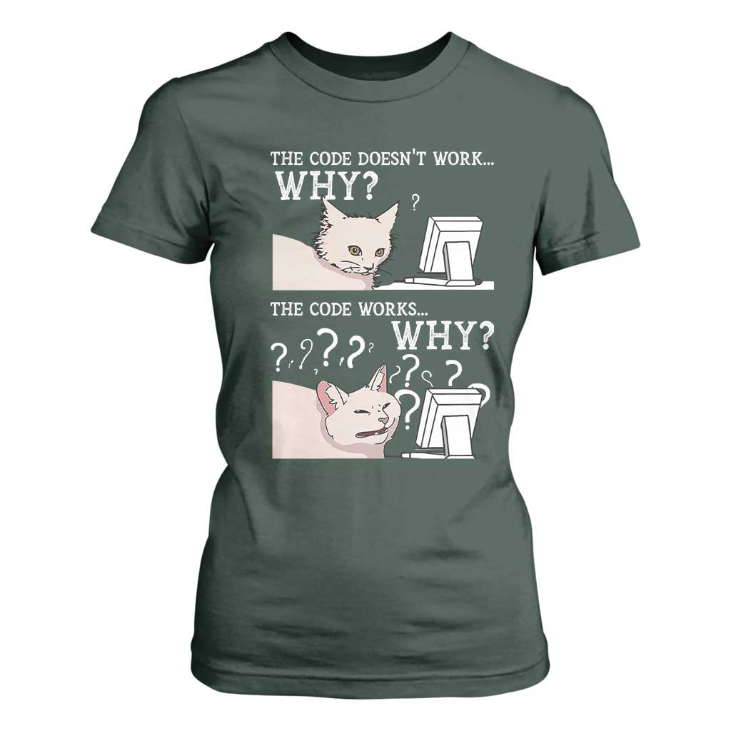 Funny Coder T Shirt For Women The Code Doesn't Work Why Cat Meme TS09 Dark Forest Green Print Your Wear