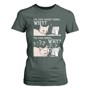 Funny Coder T Shirt For Women The Code Doesn't Work Why Cat Meme TS09 Dark Forest Green Print Your Wear