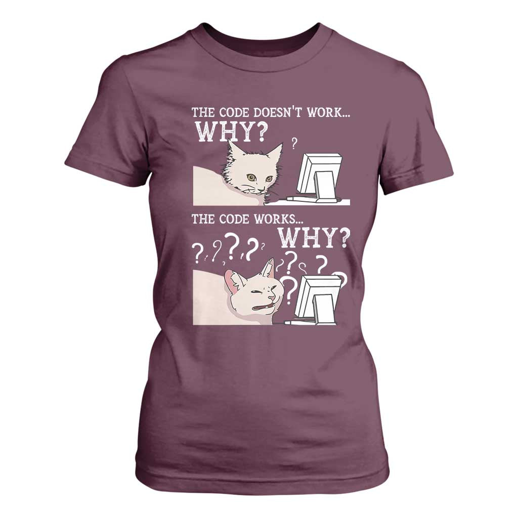 Funny Coder T Shirt For Women The Code Doesn't Work Why Cat Meme TS09 Maroon Print Your Wear