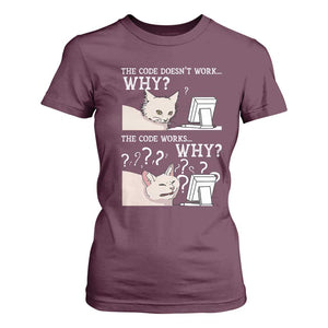 Funny Coder T Shirt For Women The Code Doesn't Work Why Cat Meme TS09 Maroon Print Your Wear